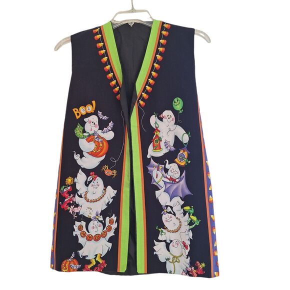 Halloween Vest Whimsical Cotton black orange lime Ghosts Homemade VTG small med - Picture 1 of 11